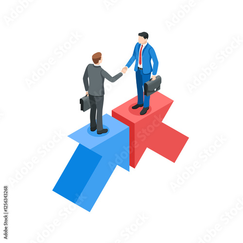 isometric vector business men shaking hands standing on arrows pointing towards each other, in color on white background, agreement or cooperation in business