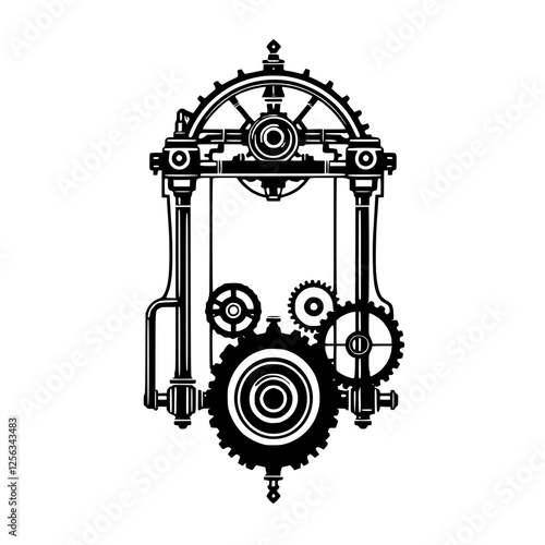 Steampunk-inspired gear mechanism in a black and white minimal design on white background.