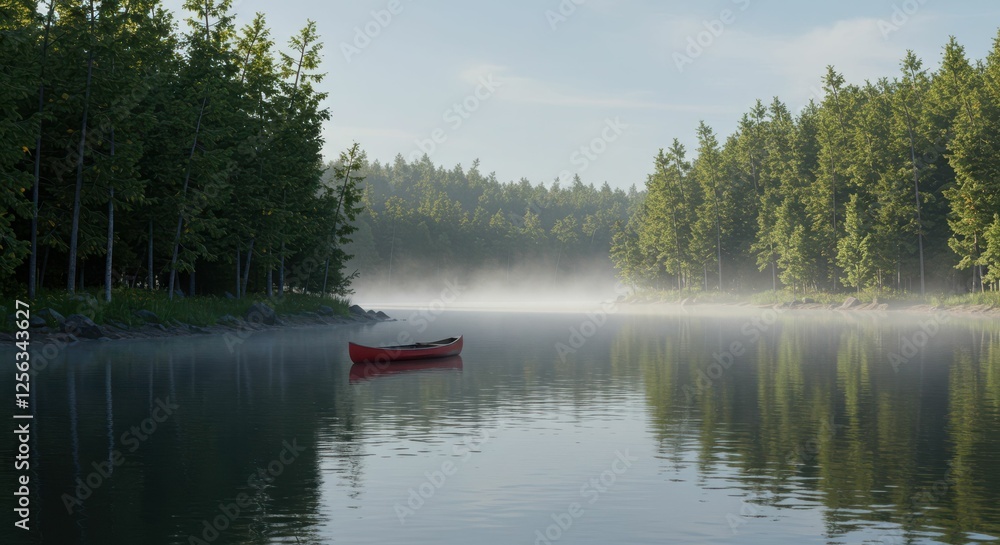 Tranquil morning canoe on misty lake surrounded by pine forest Tranquil morning canoe on misty lake surrounded by pine forest