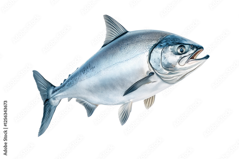 Raw salmon fish with detailed fins and scales, isolated on white transparent background, concept of marine life. Raw salmon fish with detailed fins and scales, isolated on white transparent background, concept of marine life.