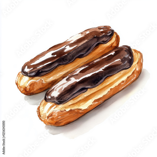 Watercolor illustration of chocolate eclairs isolated on white background