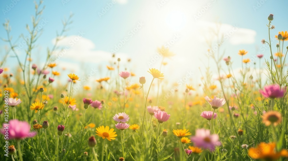 Vibrant Field of Wildflowers Under a Bright Blue Sky with Sunlight Vibrant Field of Wildflowers Under a Bright Blue Sky with Sunlight
