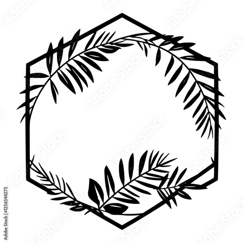 Hexagonal frame featuring a minimalist design with black leaves against a white background, portraying botanical elements.