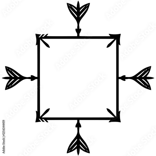 Black and white minimalist square with arrows radiating outwards, square frame.