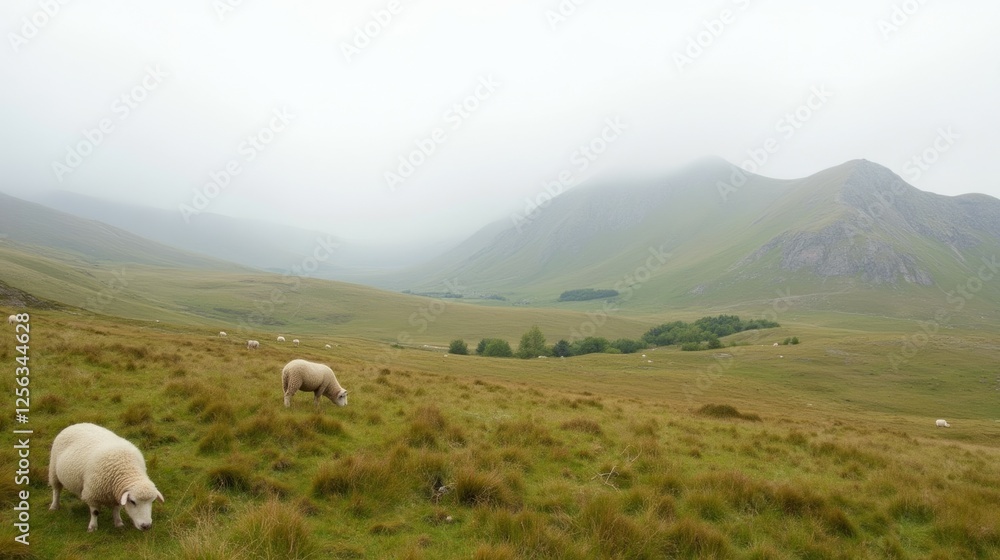 Fototapeta premium Lush Green Landscape with Grazing Sheep on Overcast Day in Mountains