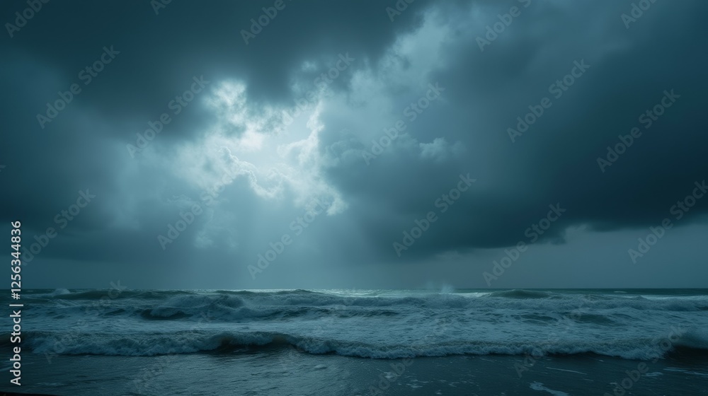 Dramatic Dark Cloudy Sky Over Turbulent Ocean Waves at Dusk Dramatic Dark Cloudy Sky Over Turbulent Ocean Waves at Dusk