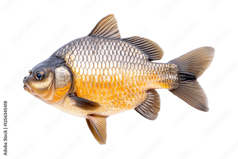 Fototapeta premium Closeup of fresh Crucian carp fish with detailed scales and fins, isolated on white transparent background