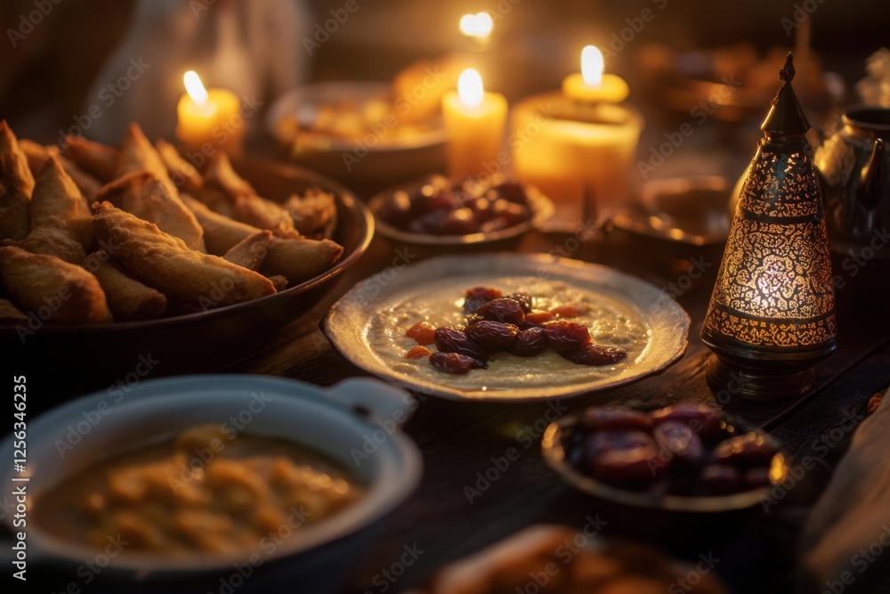 Warm Iftar Setting: Samosas, Dates, and Hummus by Candlelight. Ramadan Feast, Middle Eastern Cuisine, Festive Atmosphere Warm Iftar Setting: Samosas, Dates, and Hummus by Candlelight. Ramadan Feast, Middle Eastern Cuisine, Festive Atmosphere