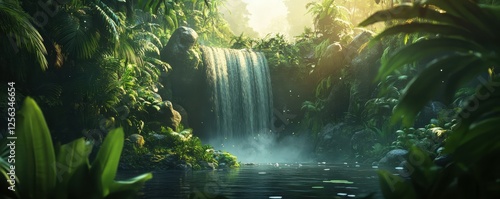 Serene jungle waterfall amidst lush greenery in tropical paradise