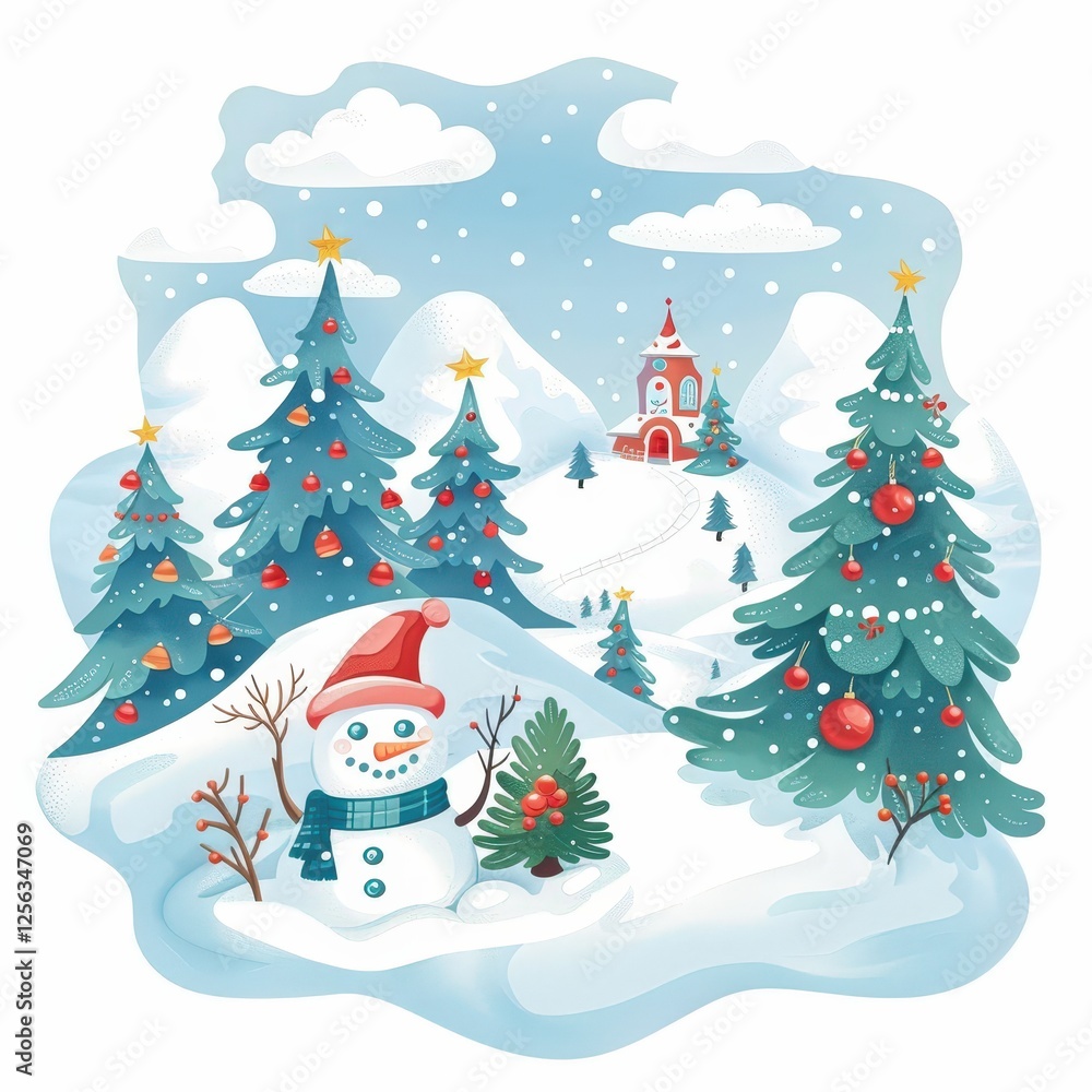 A snowman stands in front of a Christmas tree with a red hat on his head A snowman stands in front of a Christmas tree with a red hat on his head