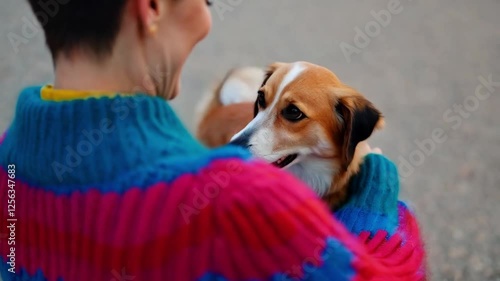 A close-up of a dog and its owner wearing matching sweaters, both smiling at the camera with a playful energy, emphasizing their stylish bond.