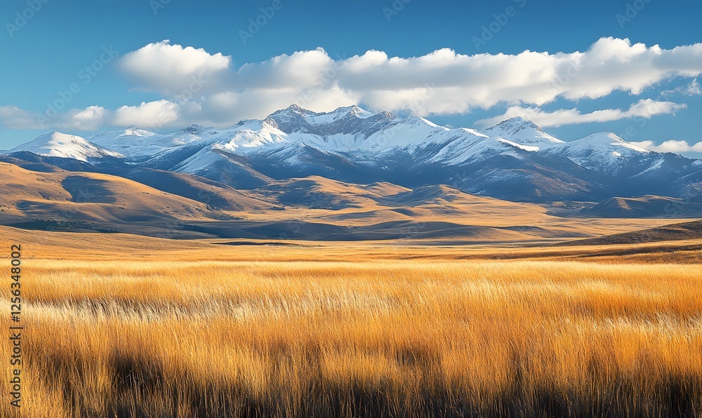Golden grassland with distant snow capped mountains under a blue sky with white clouds Golden grassland with distant snow capped mountains under a blue sky with white clouds