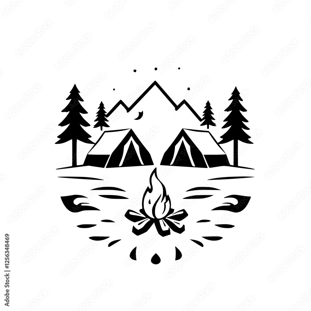 Fototapeta premium A starry night landscape showing tents, mountains, and a campfire, creating a minimalist and evocative scene.