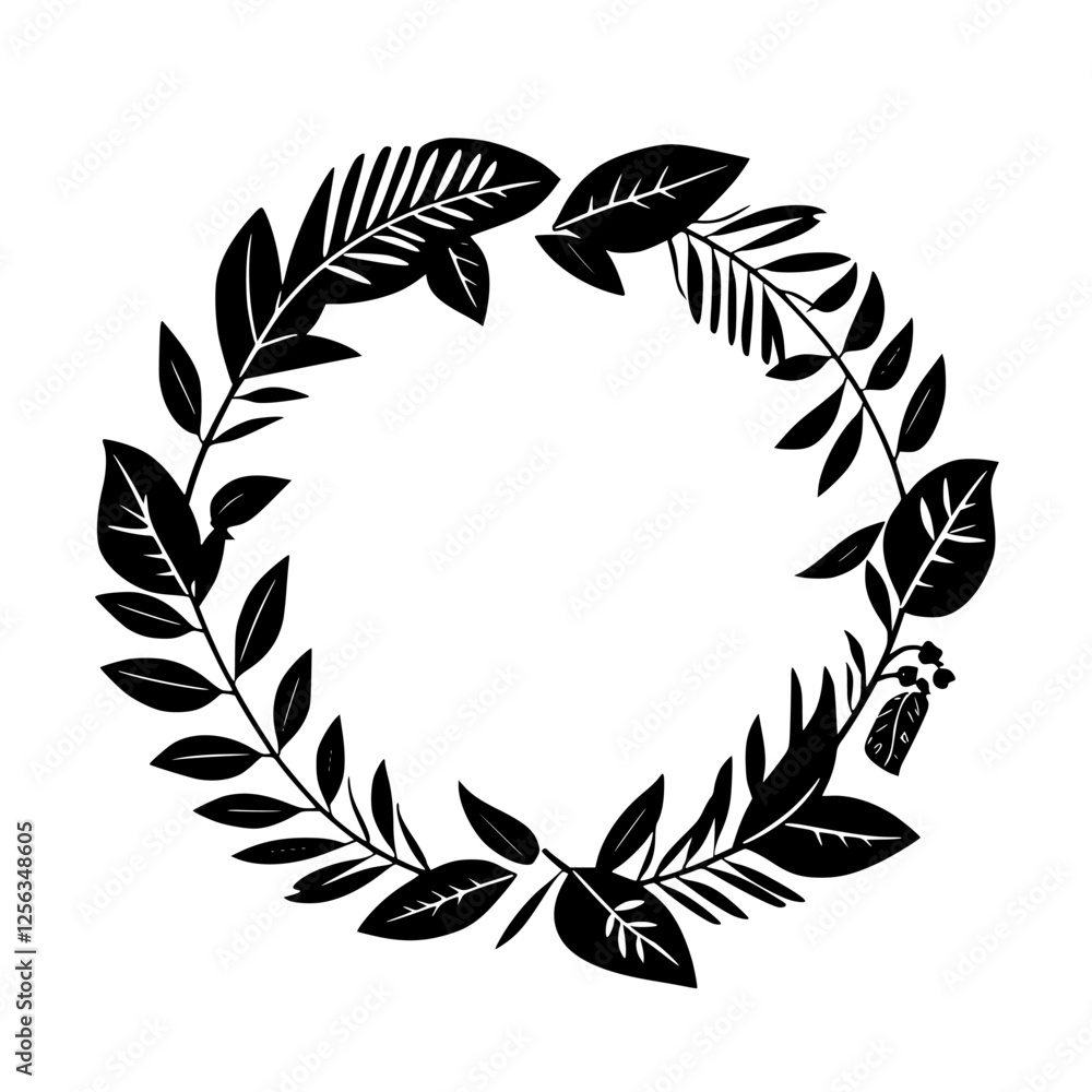 Black Leaf Wreath on White Backdrop: A minimalist leaf wreath forms a circular frame. Black Leaf Wreath on White Backdrop: A minimalist leaf wreath forms a circular frame.