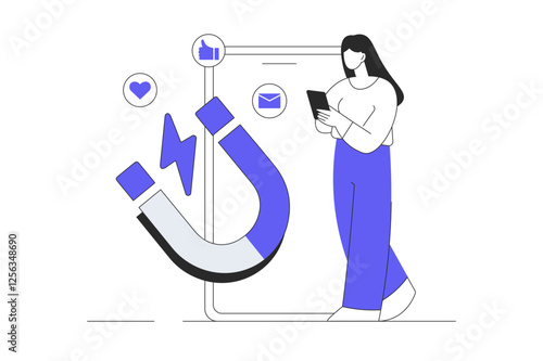 Inbound marketing concept. Woman attracting clients, new leads with huge magnet. Flat Cartoon Vector Illustration, icon. Stylish abstract 