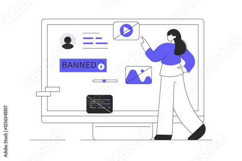 Blocking, banned user account on social media. Error, access is denied. Account safety and secure. Flat Cartoon Vector Illustration, icon. Stylish abstract 