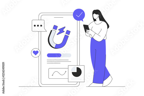 Mobile marketing web concept. Woman blogger making advertising content, using viral content and attracting subscribers with magnet. Flat Cartoon Vector Illustration, icon. Stylish abstract  