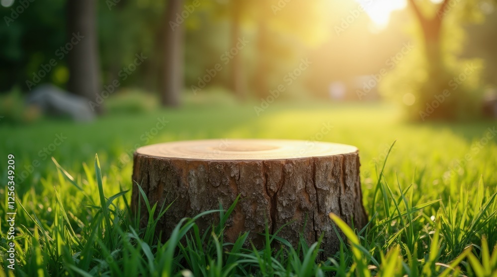 Rustic Wooden Tree Table Podium in Lush Green Farm Setting for Food Display Rustic Wooden Tree Table Podium in Lush Green Farm Setting for Food Display