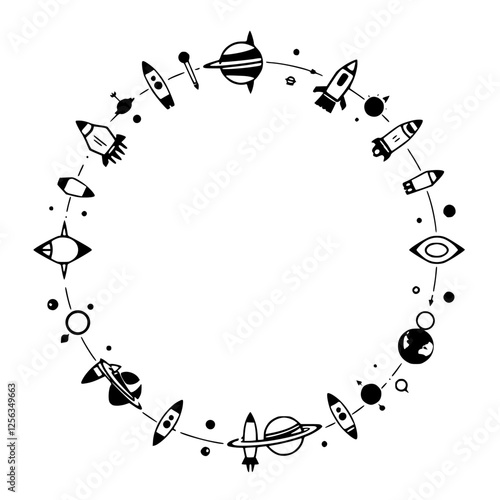 Circular Cosmic Path: A Black and White Line Art Depiction of Space, Featuring Rockets, Planets, and Futuristic Elements.