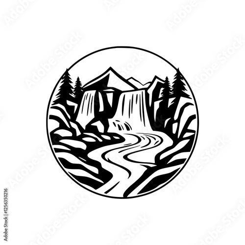 Minimalist landscape scene, Waterfall cascade, black and white, circular composition.