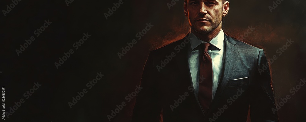 Fototapeta premium Confident mature caucasian male in dark suit with red tie in dramatic lighting
