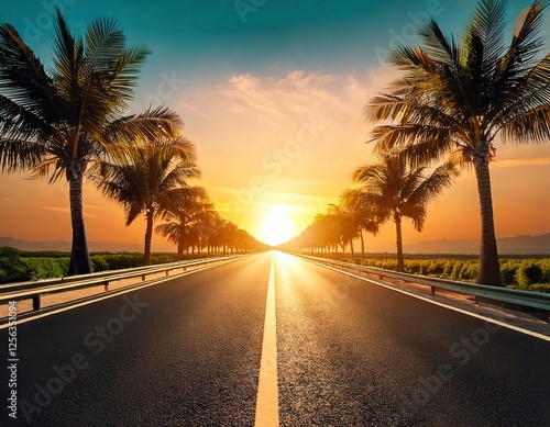 Smoothly moving infinite road with palm trees on both sides with a sunset sky in a bottom