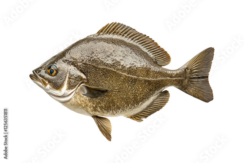 Detailed closeup of Pacific Halibut fish with shiny scales, fins and tail isolated on white background photo