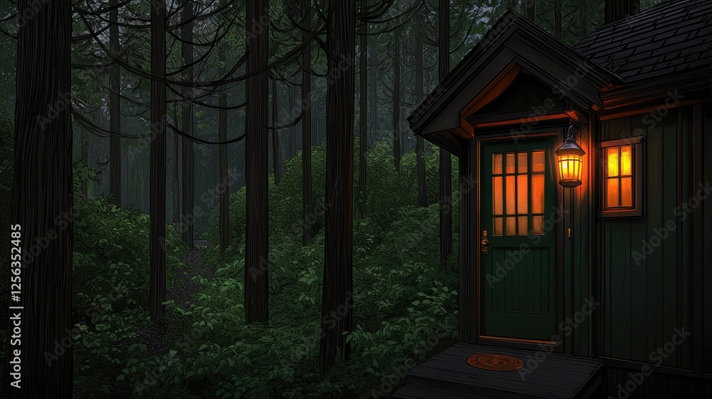 Forest Cabin Entrance Illuminated At Night Forest Cabin Entrance Illuminated At Night