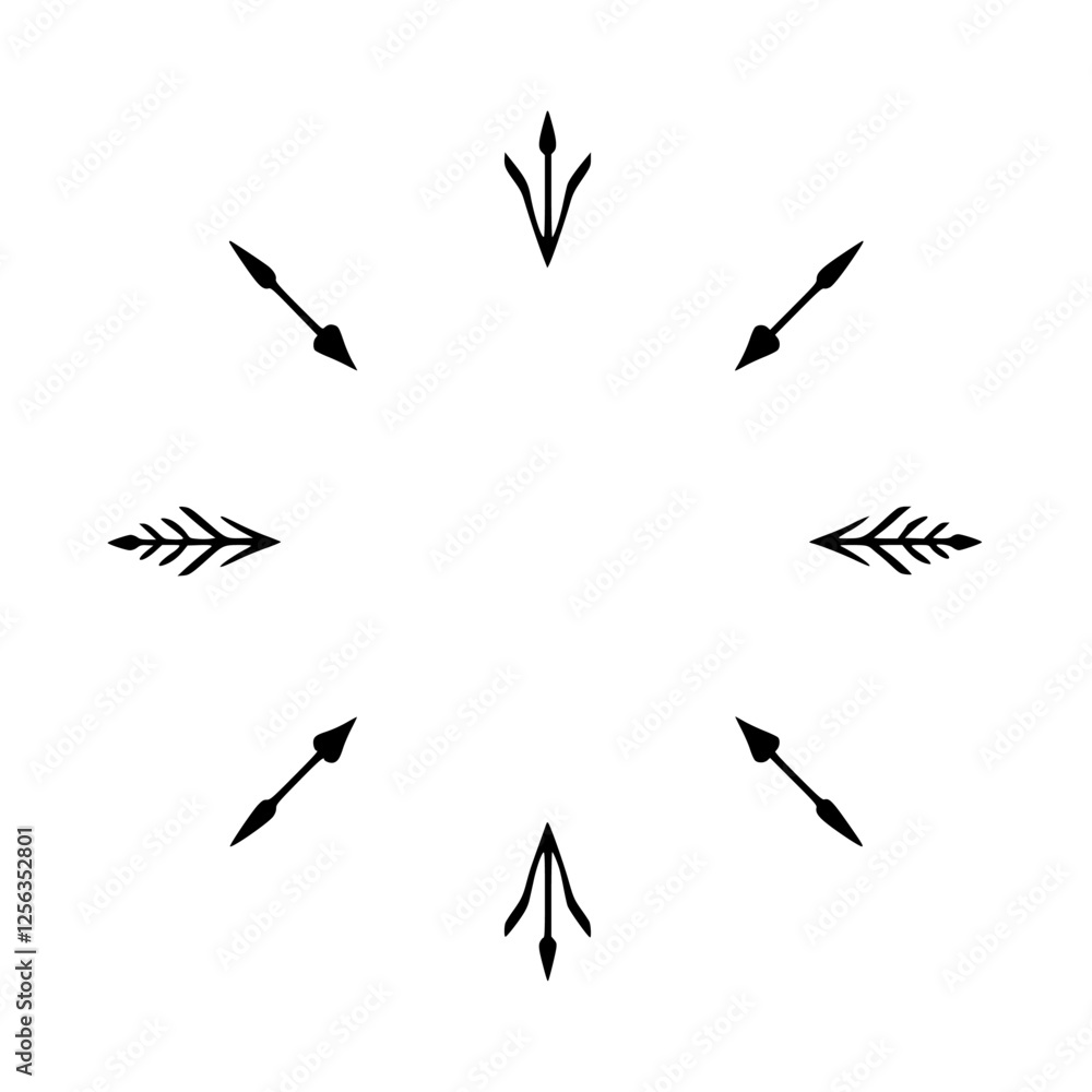 Black ink arrows in a circular formation on white background. Hand-drawn style. Black ink arrows in a circular formation on white background. Hand-drawn style.