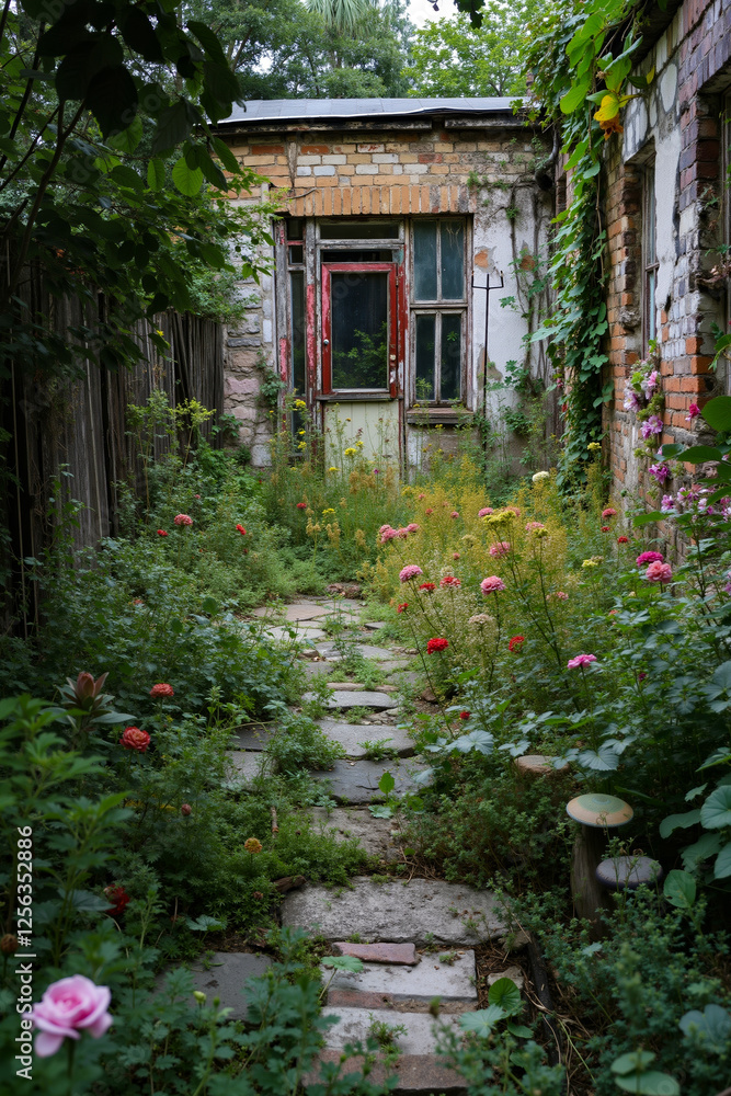 A garden with roses and a stone path leading to an old building A garden with roses and a stone path leading to an old building