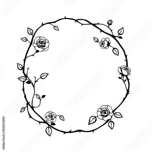 Elegant black and white illustration of a circular rose garland with roses and thorns.