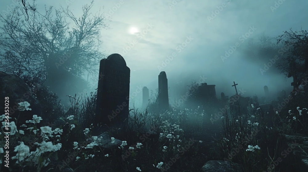 Misty Graveyard at Dusk: A Haunting Scene of Tombstones and Fog Misty Graveyard at Dusk: A Haunting Scene of Tombstones and Fog