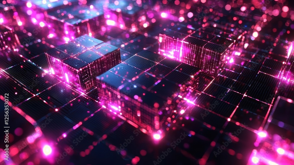Abstract digital landscape with glowing cubes and vibrant particles. Abstract digital landscape with glowing cubes and vibrant particles.