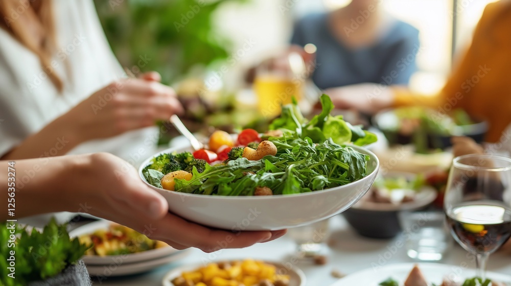 A woman passing a plate full of nutritious, colorful vegetables to another person at the dining table, healthy eating, mindful nutrition, sharing balanced meals. wholesome food, obesity prevention A woman passing a plate full of nutritious, colorful vegetables to another person at the dining table, healthy eating, mindful nutrition, sharing balanced meals. wholesome food, obesity prevention
