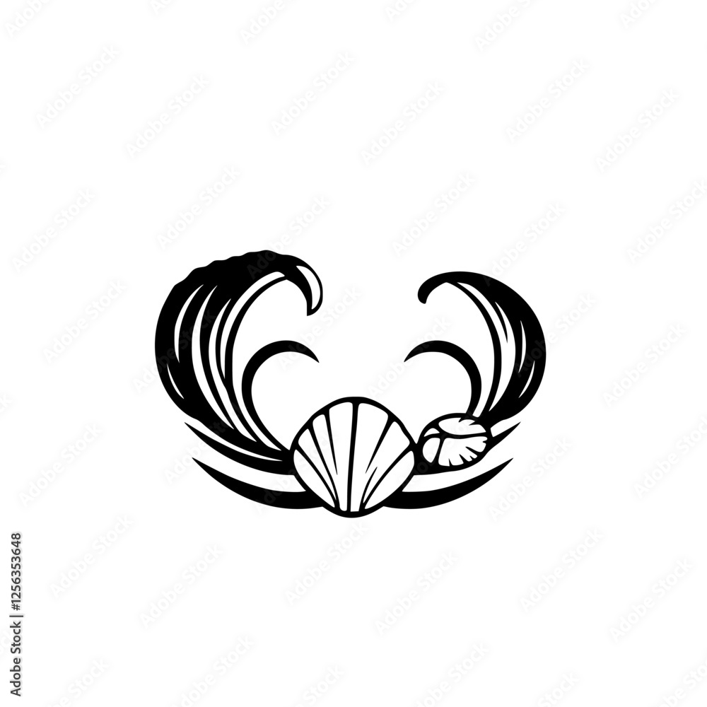 Obraz premium Stylized black and white image of a wave, shell, and two small shells, set on white background.