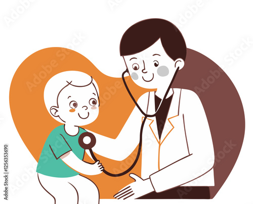 A friendly pediatrician using a stethoscope to check a young child's heartbeat, with a caring and gentle expression, isolated on white background.
