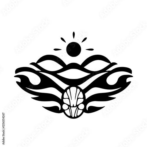 Sunlit-Ocean-Shaped Black and White Tribal Design. Abstract emblem showing a stylized sun rising above an organic arrangement.