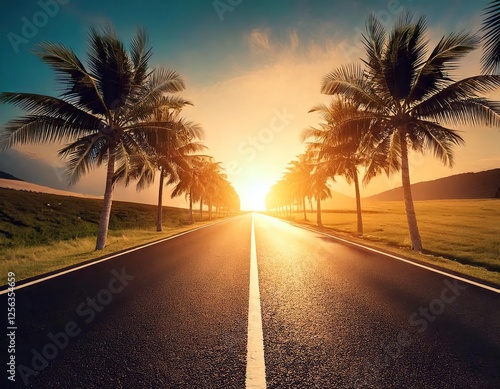 Smoothly moving infinite road with palm trees on both sides with a sunset sky in a bottom