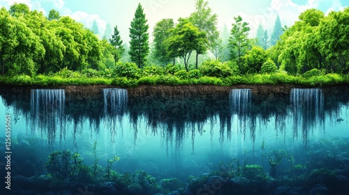 Lush forest above, underwater scene below; nature balance