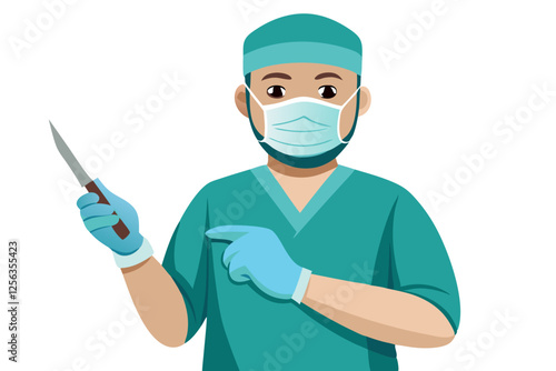 A surgeon wearing a surgical mask, gloves, and scrubs, holding a scalpel and preparing for surgery, isolated on white background.

