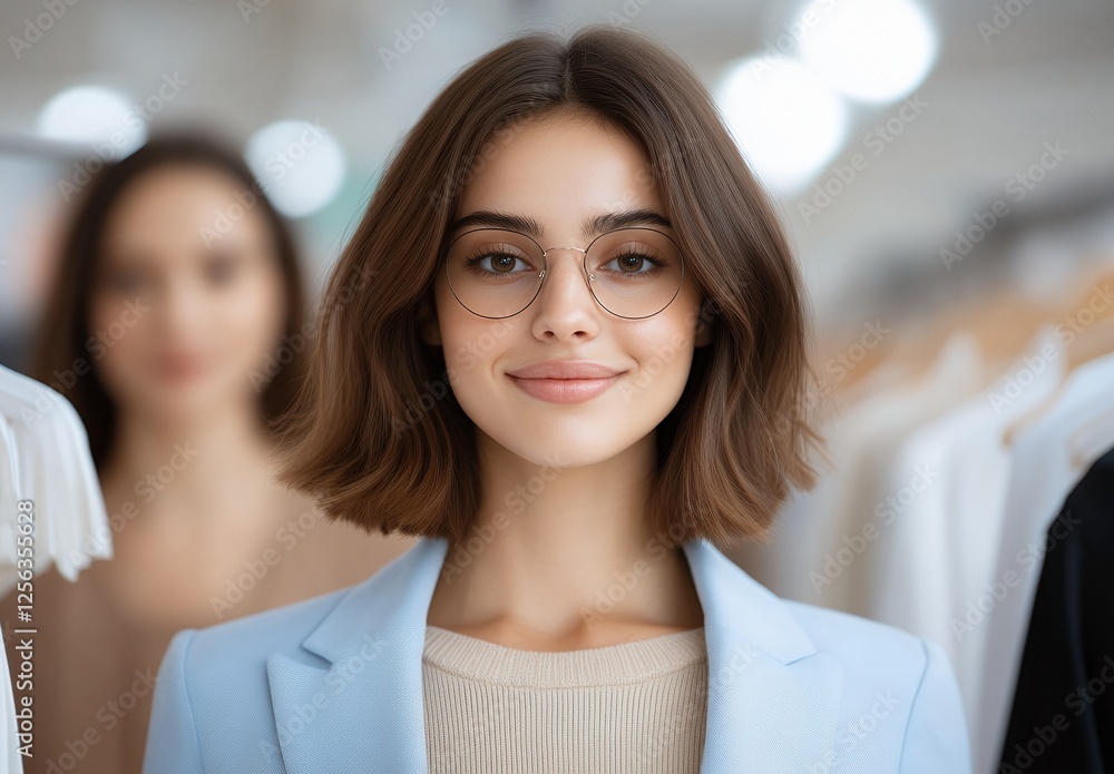 A young woman with a bob haircut smiles confidently while wearing glasses in a light blue blazer A young woman with a bob haircut smiles confidently while wearing glasses in a light blue blazer