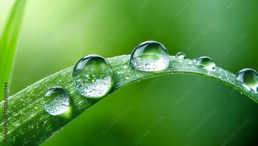 Dewdrops cling to a vibrant green blade of grass, showcasing the beauty of nature's simple details Dewdrops cling to a vibrant green blade of grass, showcasing the beauty of nature's simple details