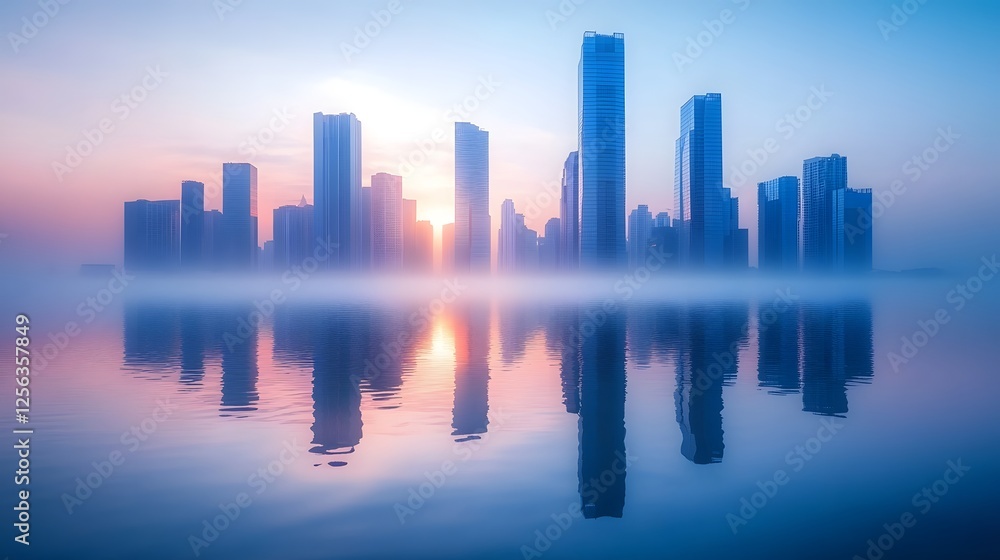 Fototapeta premium Stunning Skyline Reflected in Tranquil Waters at Dusk with Majestic Skyscrapers