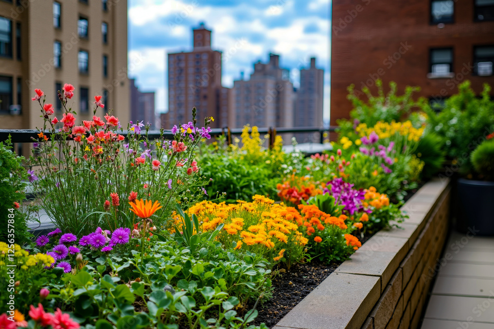 Fototapeta premium A flower bed on the roof of a building with a city skyline in the background