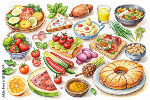 Watercolor healthy food collage fruit, vegetables, bread, and juice on white background for recipe book