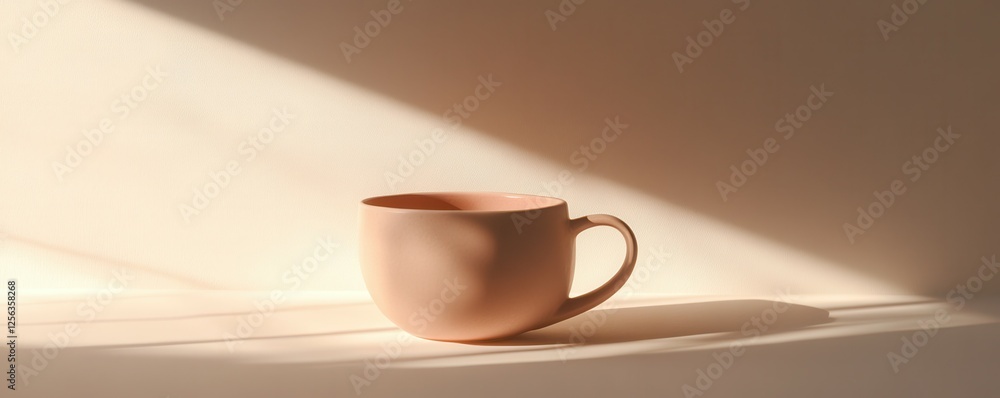 Minimalist pink ceramic mug in sunlight casting elegant shadows Minimalist pink ceramic mug in sunlight casting elegant shadows