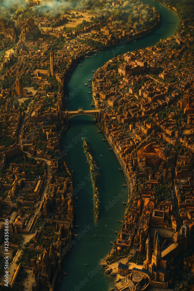 Obraz premium A view of a city with a river running through it