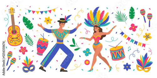 Brazil Carnival set with man and woman in costumes with feathers, guitar, maracas, drums, masks, flowers, leaves, garlands and confetti. Music festival. Vector flat illustration for banner, poster