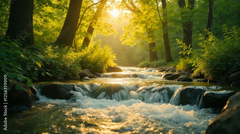 Tranquil Flowing River Through Lush Green Forest at Sunset Tranquil Flowing River Through Lush Green Forest at Sunset