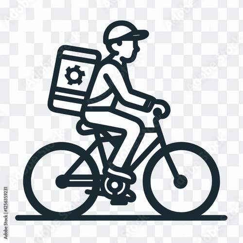 Line art of a delivery person riding a bicycle with a backpack